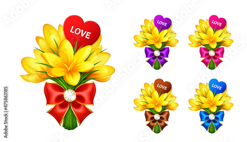 Set of spring yellow flowers crocuses with bows and hearts with love isolated on a white background. Spring crocus bouquet is perfect for cards, business cards, stickers and gift certificates