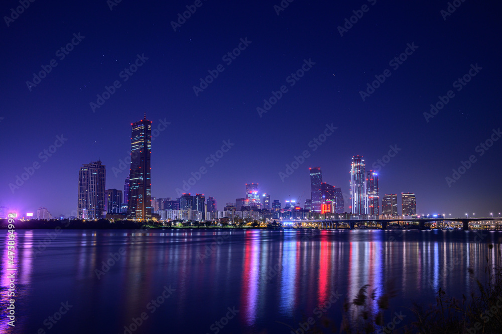 Cityscape night view of Yeouido, Seoul at sunset time