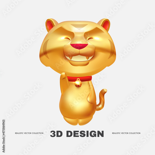 3D gold asian tiger. Happy chinses new year design. Lucky Cat Maneki Neko traditional symbol of fortune