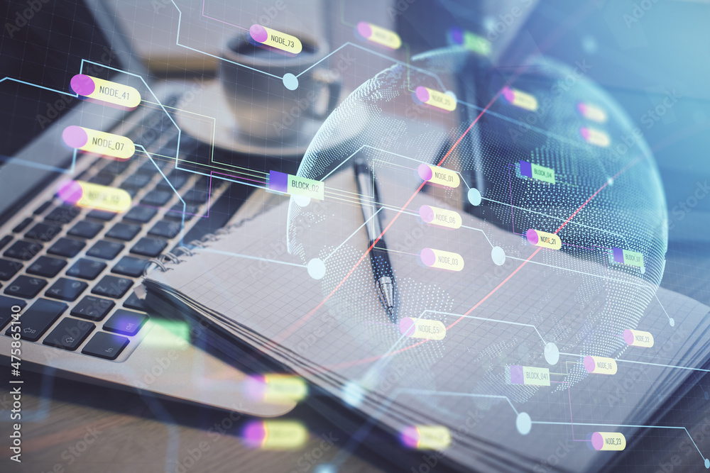 Double exposure of map drawing and desktop with coffee and items on table background. Concept of global data. Double exposure of map drawing and desktop with coffee and items on table background. Concept of global data.