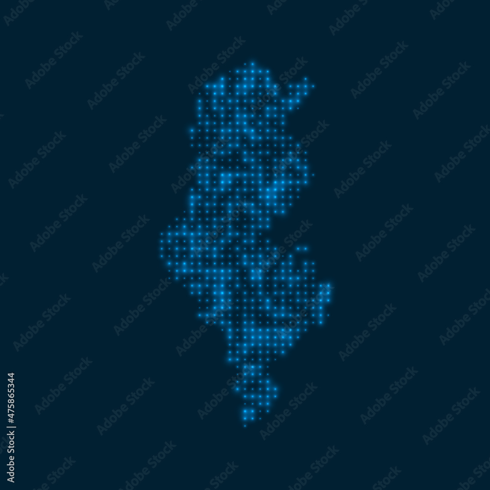 Tunisia dotted glowing map. Shape of the country with blue bright bulbs. Vector illustration.