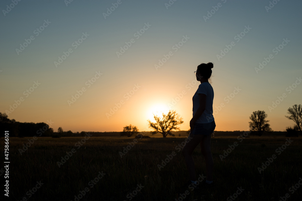 silhouette of a girl standing in a field at sunset