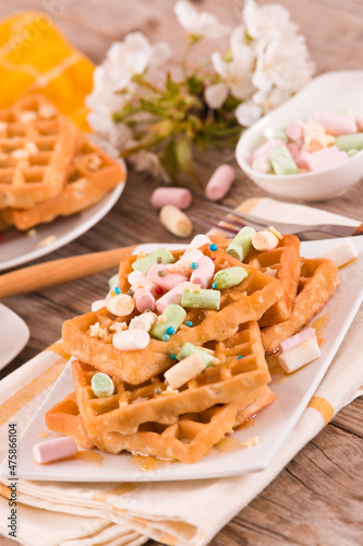 Waffles with colourful marshmallow.