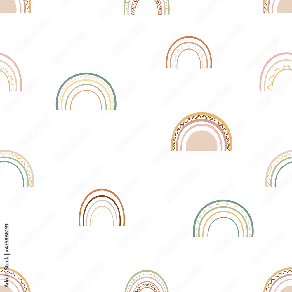 Geometric seamless pattern with rainbow in boho style. Vector illustration for fabric, design, children's textiles, prints, wallpapers, posters Geometric seamless pattern with rainbow in boho style. Vector illustration for fabric, design, children's textiles, prints, wallpapers, posters