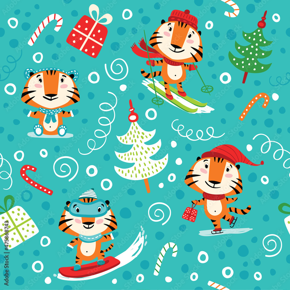 Fototapeta premium Christmas seamless pattern with tigers on a blue background.