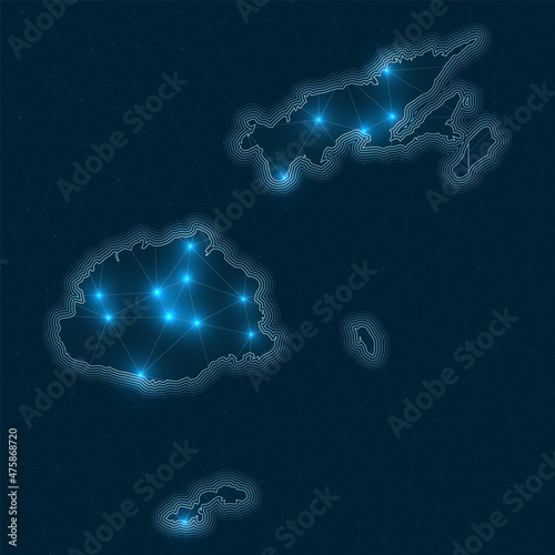 Fiji network map. Abstract geometric map of the country. Digital connections and telecommunication design. Glowing internet network. Modern vector illustration.