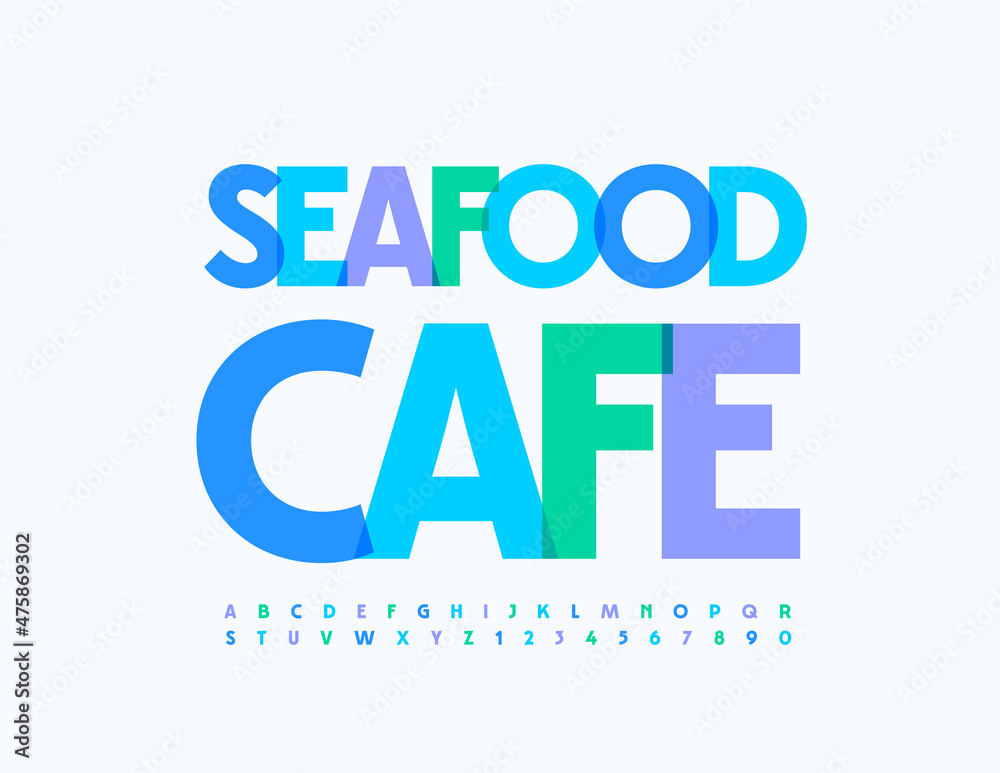 Vector artistic emblem Seafood Cafe with creative Alphabet Letters and Numbers set. Watercolor bright Font Vector artistic emblem Seafood Cafe with creative Alphabet Letters and Numbers set. Watercolor bright Font