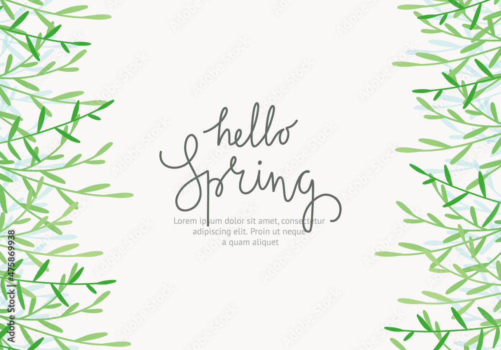 Spring frame banner template with green twigs and leaves on white background. Hello spring lettering. Vector illustration