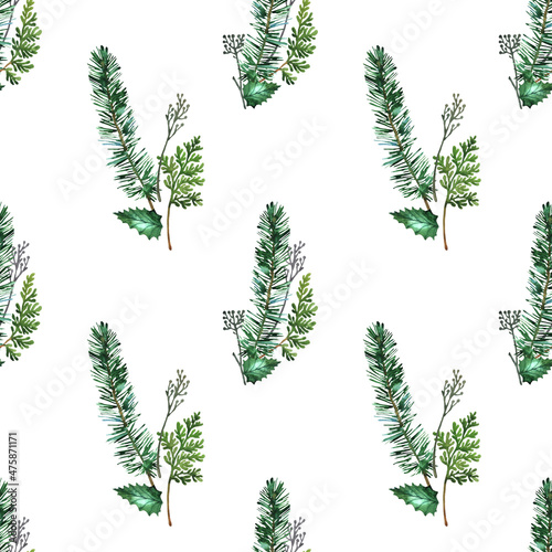Watercolor Christmas pattern. Seamless background with folliage, fir tree, spruce branches, red holly berries, leaves. Wrapping paper, fabric texture