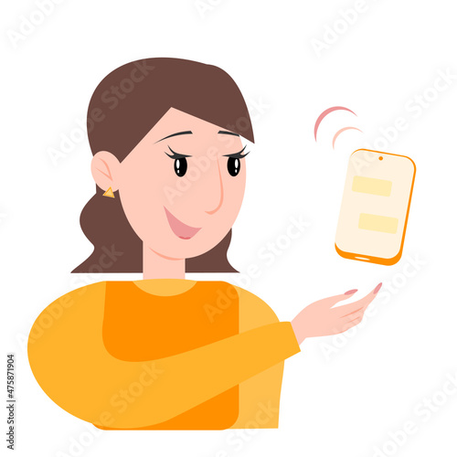 Vector illustration of a young brunette with a phone in her hand. The girl answered the call. The phone rings from the girl's hand.