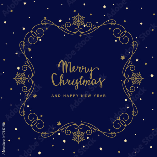 Merry Christmas festive greeting card with gold frame and lettering on blue background. Vector illustration