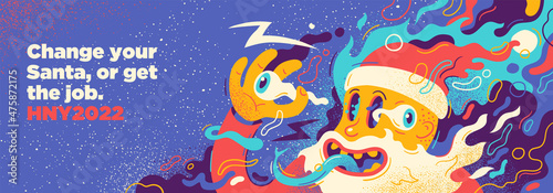 Colorful New Year card design in abstract style with comic Santa Claus. Vector illustration.
