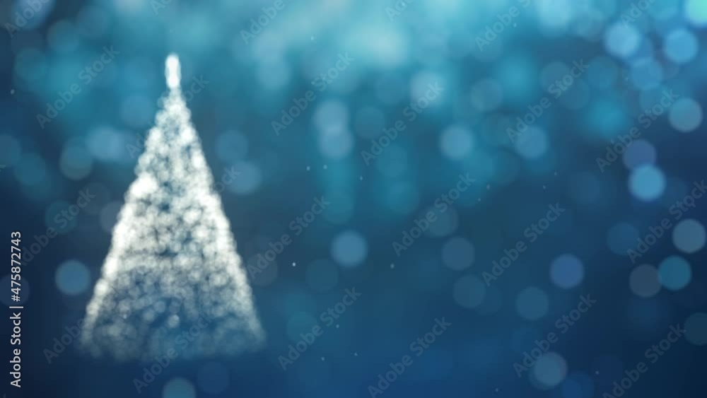 Animated Christmas background with a luminous Christmas tree on a blue background with falling snow and defocused light particles
