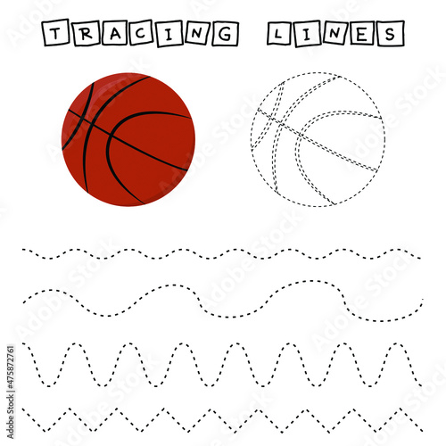 Tracing lines game with basketball balls. Worksheet for preschool kids, kids activity sheet, printable worksheet
