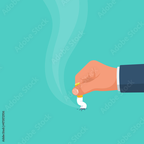 No Smoking. Quit smoking sign. Extinguish cigarette butt. Ban on bad habits. Cigarette in hand reject offer. Anti tobacco concept. Vector illustration flat design. Isolated on white background.