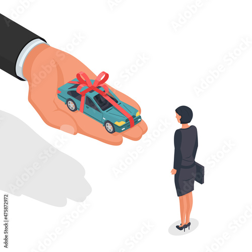 Car gift concept. Woman takes a gift. Man holding in hand car with a red ribbon and a bow. Vector illustration isometric 3d design. Offer for sale, rent.