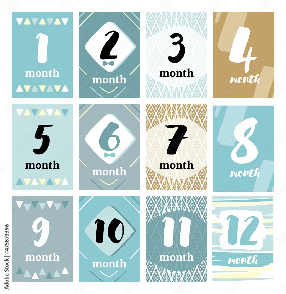 Milestone Cards 12-month template for newborns, minimalism vector
