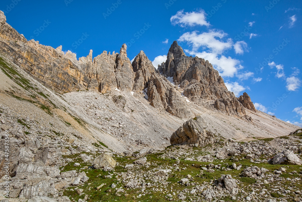 Beautiful summertime scenery in Tre Cime di Lavaredo National park in Italian Dolomites.