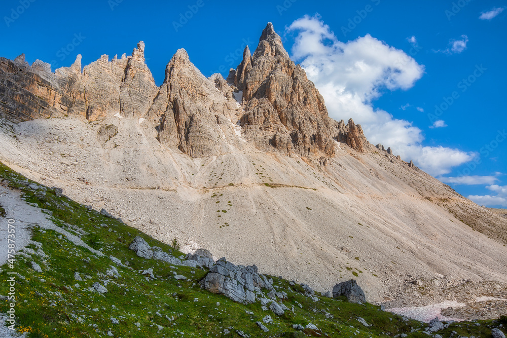 Beautiful summertime scenery in Tre Cime di Lavaredo National park in Italian Dolomites.