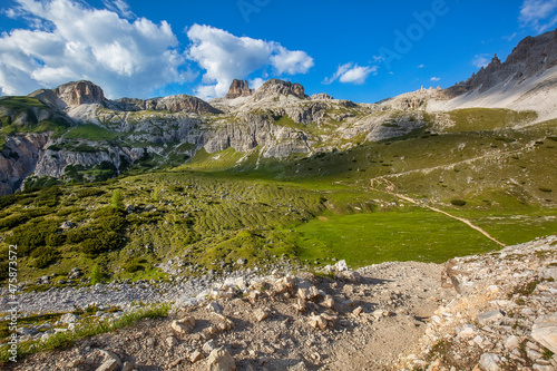 Beautiful summertime scenery in Tre Cime di Lavaredo National park in Italian Dolomites.