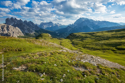 Beautiful Summertime scenery in Tre Cime di Lavaredo National park in Italian Dolomites.