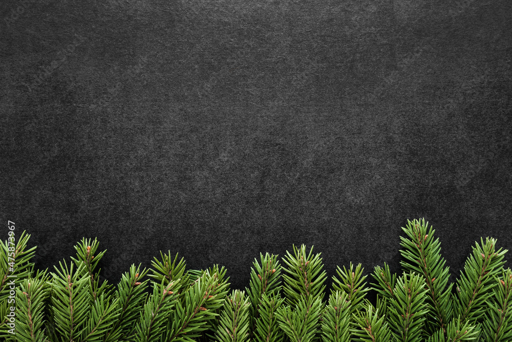 Fresh green fir branches on dark table background. Condolence card. Empty place for emotional, sentimental text, quote or sayings. Closeup. Top down view. - obrazy, fototapety, plakaty 
