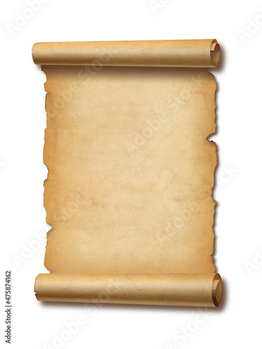 Old mediaeval paper sheet. Parchment scroll isolated on white with shadow