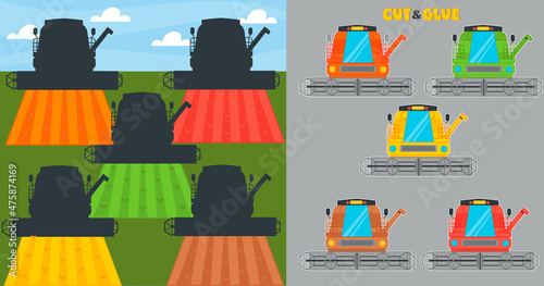 A game for children. Cut and glue. Harvester harvesting. Study of colors. Vector illustration. Print Worksheet