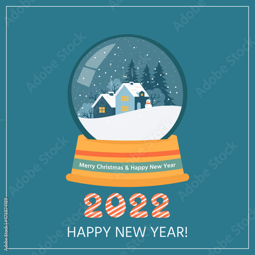 Glass snow globe with the house and Christmas trees. Vector illustration in a flat style. Christmas gift cards