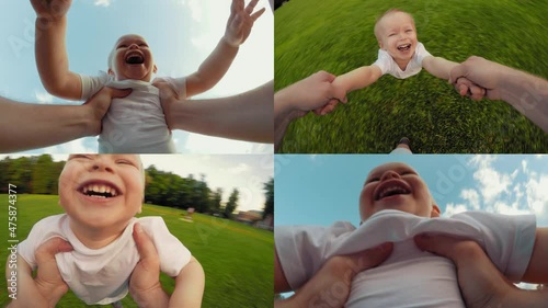 Multiscreen of rejoicing little baby during rotating in father hands POV shot happy family playing together enjoying active weekend outdoor funny boy smiling having positive emotion.