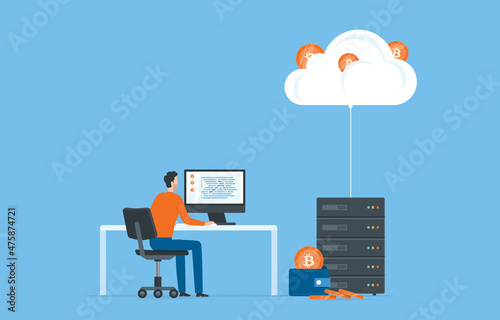 Business Flat vector design technology cloud mining network connection server concept. Business team people working. Illustration cartoon character design