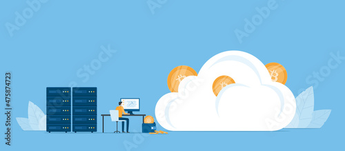 Business Flat vector design technology cloud mining network connection server concept. Business team people working. Illustration cartoon character design