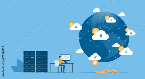 Business Flat vector design technology cloud mining network connection server concept. Business team people working. Illustration cartoon character design