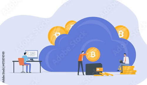 Business Flat vector design technology cloud mining network connection server concept. Business team people working. Illustration cartoon character design