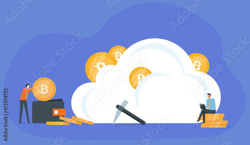 Business Flat vector design technology cloud mining network connection server concept. Business team people working. Illustration cartoon character design