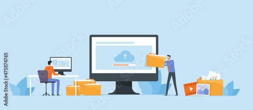 Business Flat vector design technology file upload backup on cloud server concept. Business team working with computer monitor. Illustration cartoon character design 
