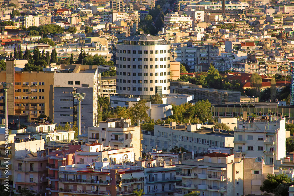 Naklejka premium Aerial view of the city of Thessaloniki, Greece. Golden hours