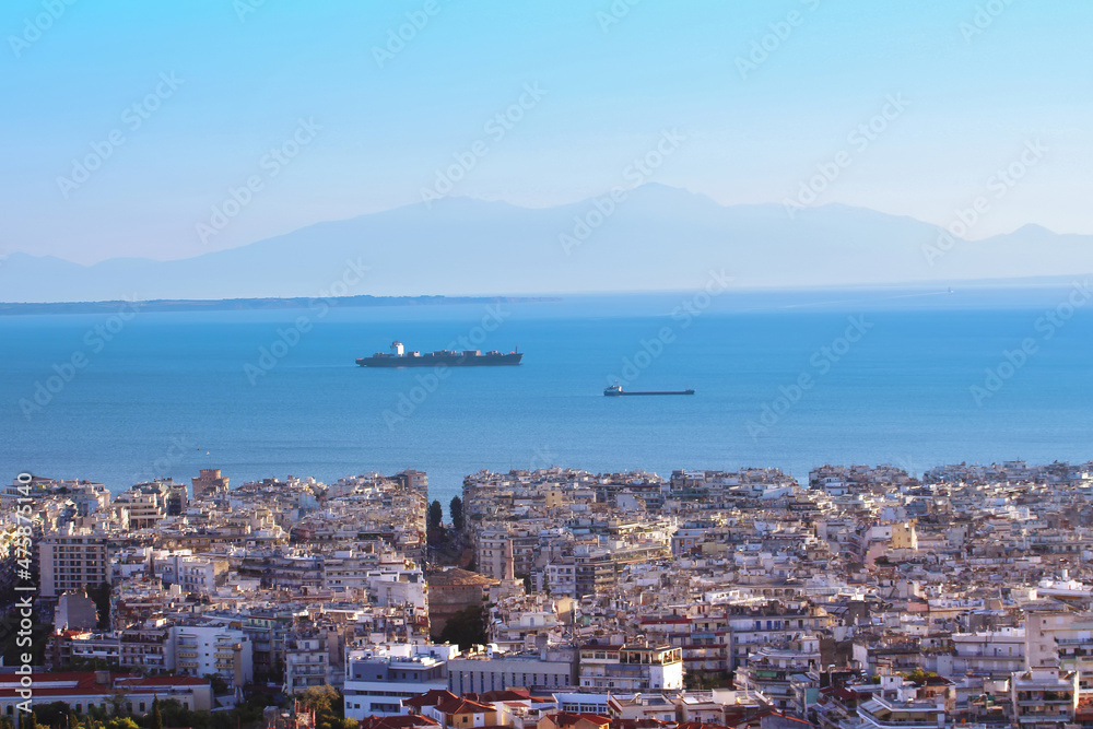 Panoramic view of Thessaloniki city, the sea and the Olympus mountain, Thessaloniki, Greece