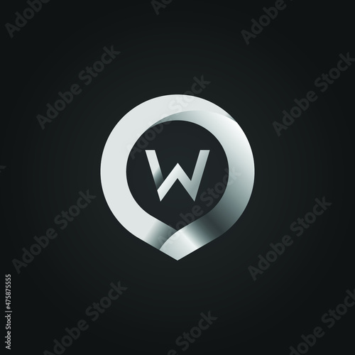 Silver Metallic Circle Letter W Logo Design. 3D Letter W Circle Logo Template.