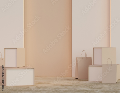 Fototapeta Naklejka Na Ścianę i Meble -  Fashion podium on beige background. boxs and luggages premium. Realistic pastel mock-up for products promotion, cosmetics and fashion presentation.Peach Fuzz is color trend of the Year 2024. 