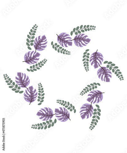 Round frame of leaf. Exotic leaves and plants, collected in a composition in a circle on a white background. Natural floral template . Postcard for your text. Vector greeting card for your design