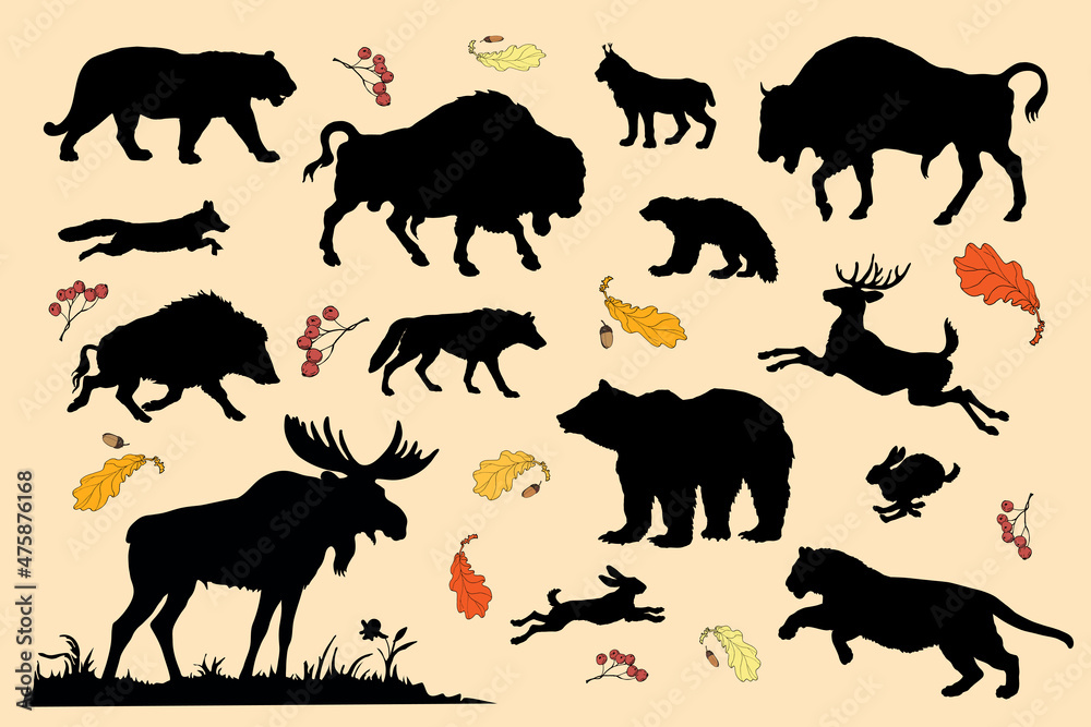a set of isolated silhouettes of wild forest animals, isolated on a colored background with leaves and berries 
