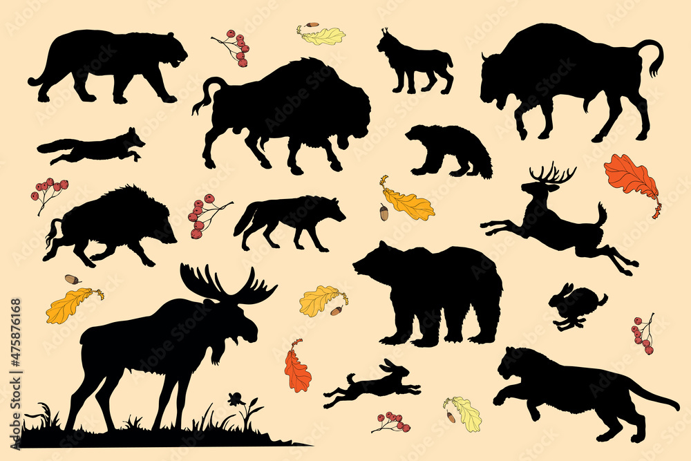 a set of isolated silhouettes of wild forest animals, isolated on a colored background with leaves and berries a set of isolated silhouettes of wild forest animals, isolated on a colored background with leaves and berries