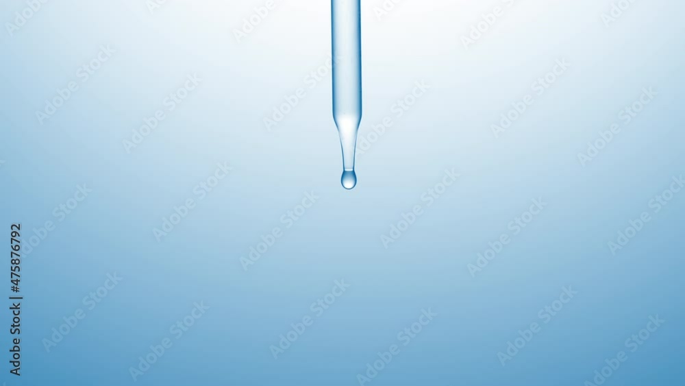 Macro shot of clear drops are falling down from chemical dropper on pale blue background | Abstract skincare lotion ingredients formulation concept