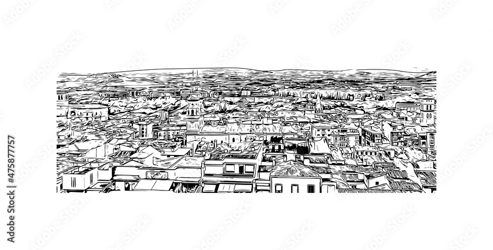 Building view with landmark Logrono is a city in northern Spain. Hand drawn sketch illustration in vector.