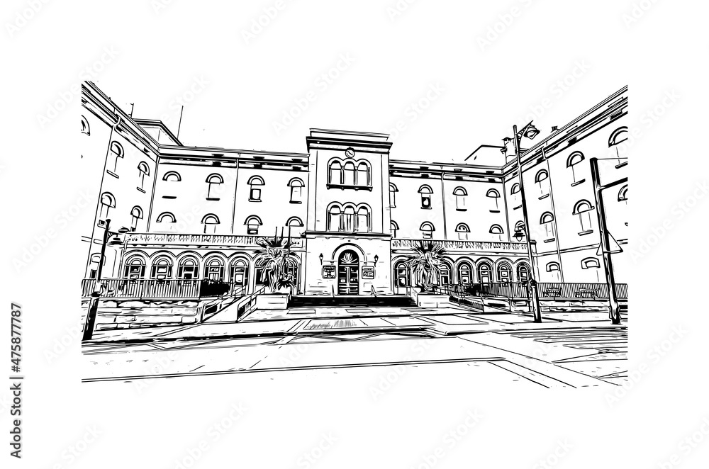 Building view with landmark Logrono is a city in northern Spain. Hand drawn sketch illustration in vector.