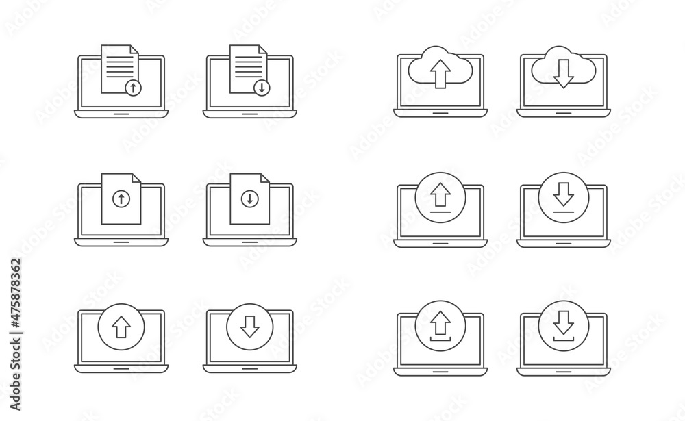 Laptop, upload and download icon line vector design, cloud, document, arrow upload and download vector icon line set Laptop, upload and download icon line vector design, cloud, document, arrow upload and download vector icon line set