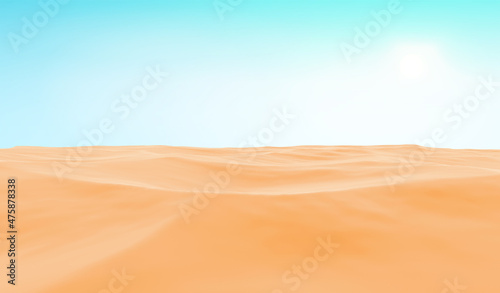 Realistic desert landscape with blue sky and sun. Beautiful sandy dunes. 3d rendering.