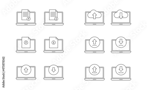 Laptop, upload and download icon line vector design, cloud, document, arrow upload and download vector icon line set