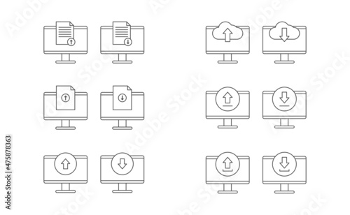 Computer, upload and download icon line vector design, cloud, document, arrow upload and download vector icon line set